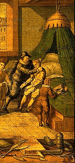 Arzt am Krankenbett (Ausschnitt aus Egbert van Panderen (1581-1617), Der Arzt als Heiland, Engel, Mensch und Teufel, Wellcome Collection, London