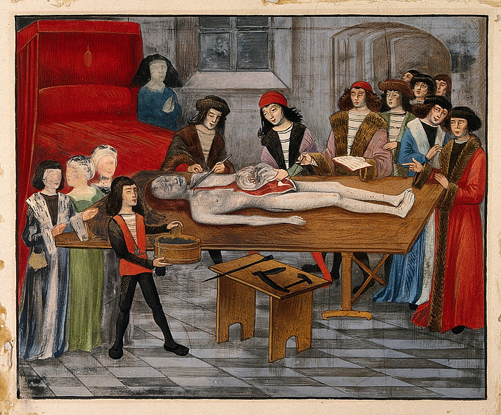 Guy de Chauliac bei der Leichensektion, Gouache nach einer Handschriftenminitatur des 15. Jhd., Wellcome Collection, London